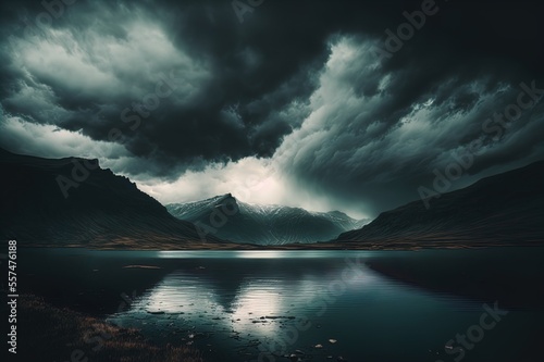 A body of water under a cloudy sky. Landscape. Art. Generative AI.
