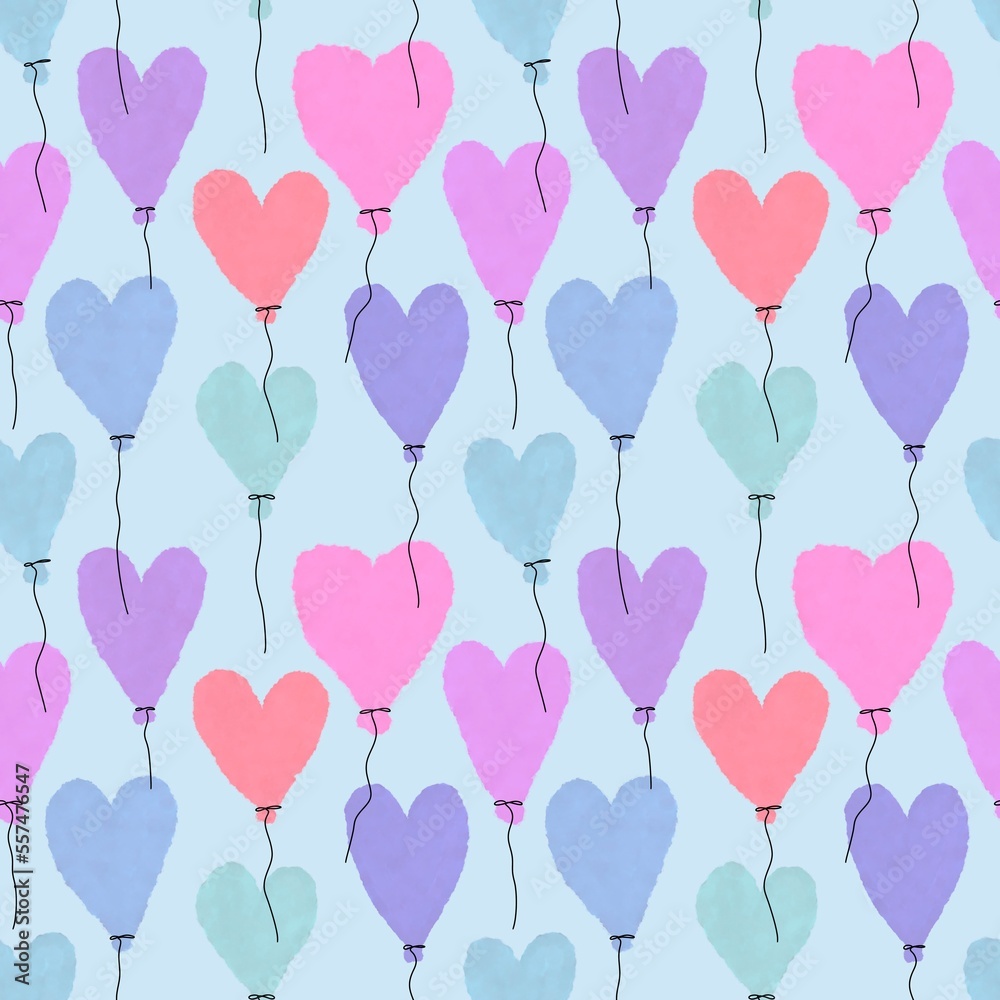 Cartoon paint valentines hearts seamless balloons pattern for birthday gift box and kids clothes print and fabrics