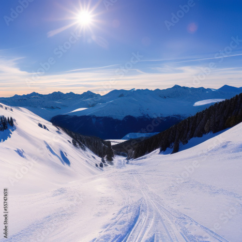 sunny sky over snow-covered mountains at dawn with fresh morning ski slope