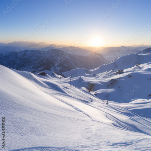 sunny sky over snow-covered mountains at dawn with fresh morning ski slope