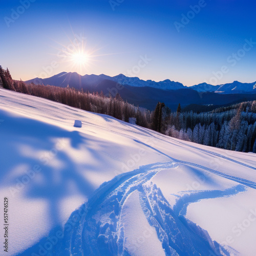 sunny sky over snow-covered mountains at dawn with fresh morning ski slope