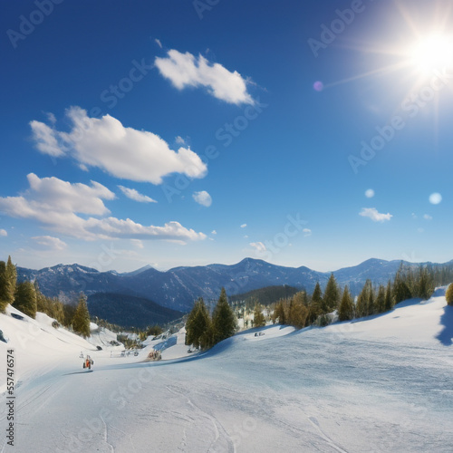 sunny sky over snow-covered mountains at dawn with fresh morning ski slope