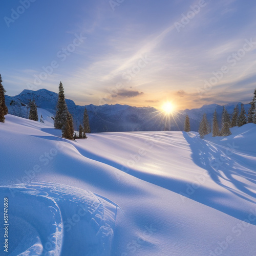 sunny sky over snow-covered mountains at dawn with fresh morning ski slope