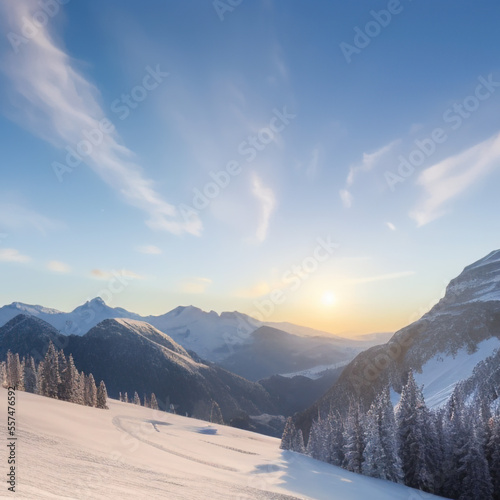 sunny sky over snow-covered mountains at dawn with fresh morning ski slope