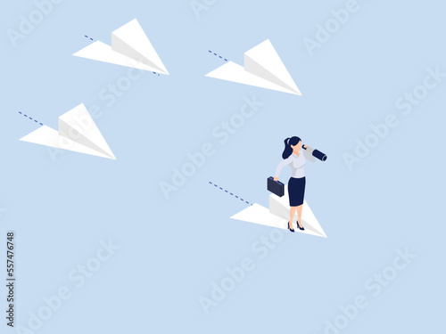 Businesswoman flying with paper plane while looking through a telescope, isometric illustration design