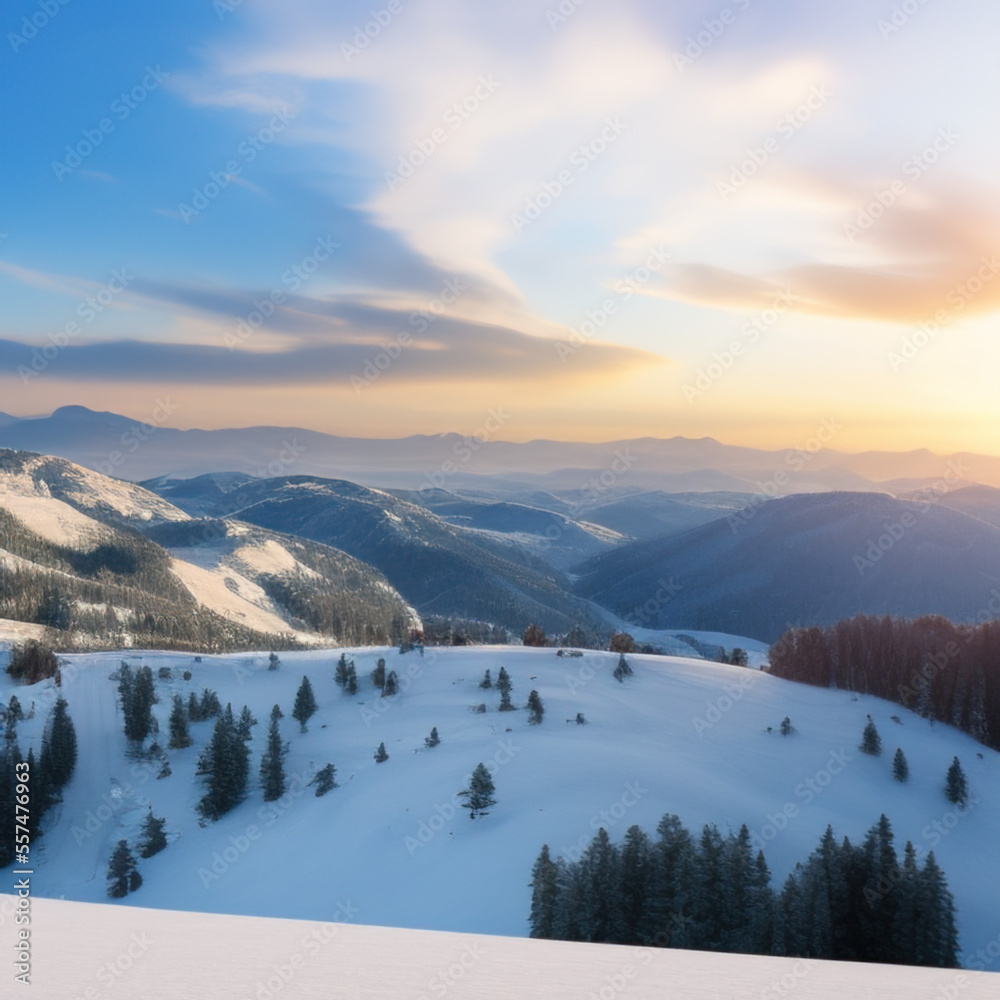 sunny sky over snow-covered mountains at dawn with fresh morning ski slope