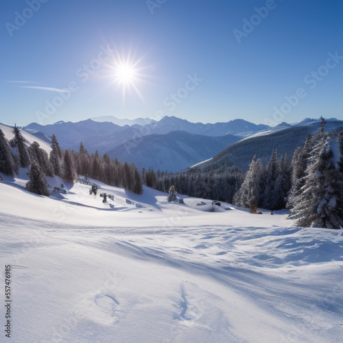 sunny sky over snow-covered mountains at dawn with fresh morning ski slope © Kuba