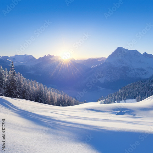 sunny sky over snow-covered mountains at dawn with fresh morning ski slope © Kuba
