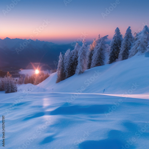 sunny sky over snow-covered mountains at dawn with fresh morning ski slope © Kuba