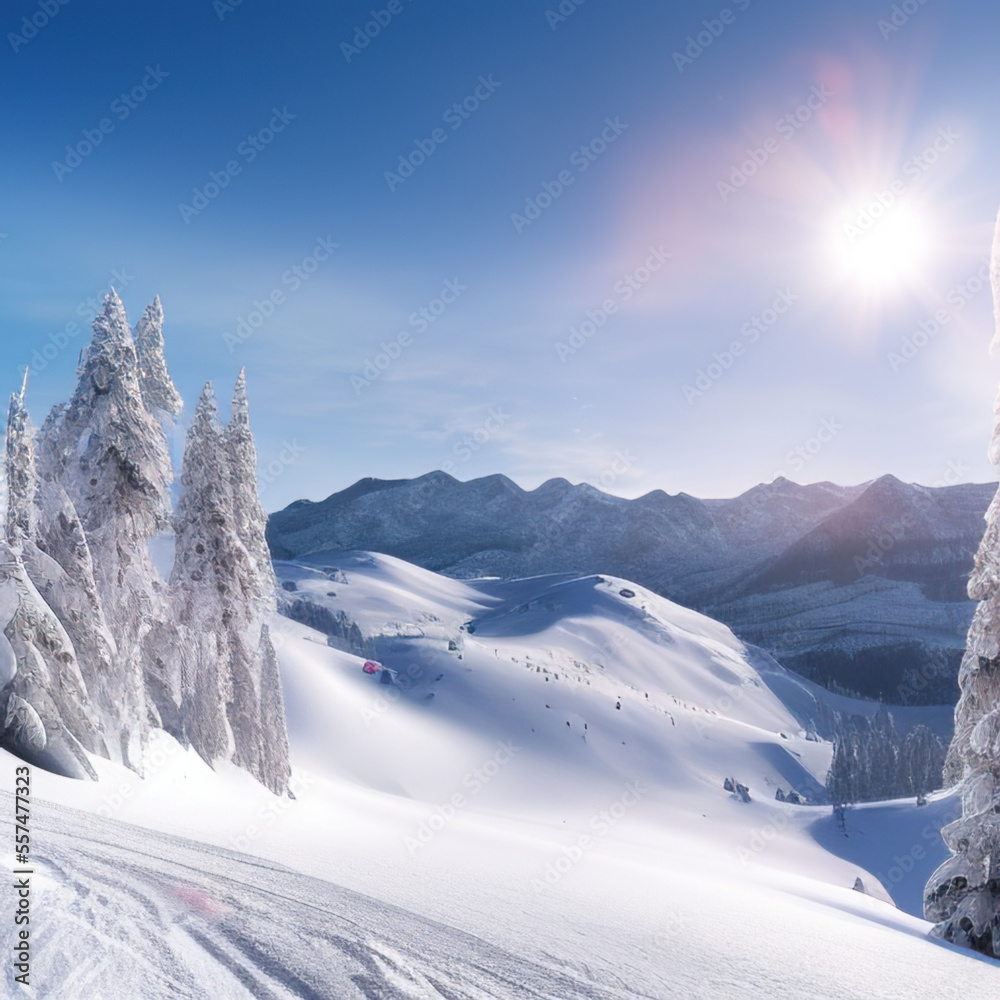 Fototapeta premium sunny sky over snow-covered mountains at dawn with fresh morning ski slope