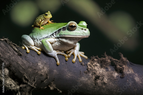 Australian white tree frog on a limb with a dumpy frog perched on it. Generative AI