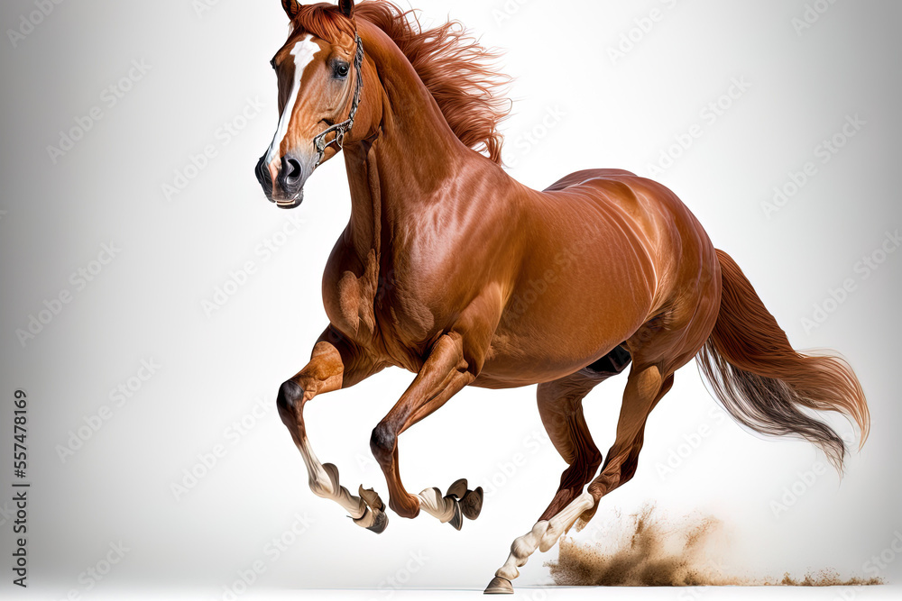Obraz premium Red horse galloping on white backdrop, solitary. Generative AI