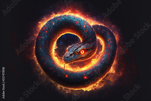 a mastodontic snake with red eyes flames wraps an the universe in his coils illustration generative ai
 photo