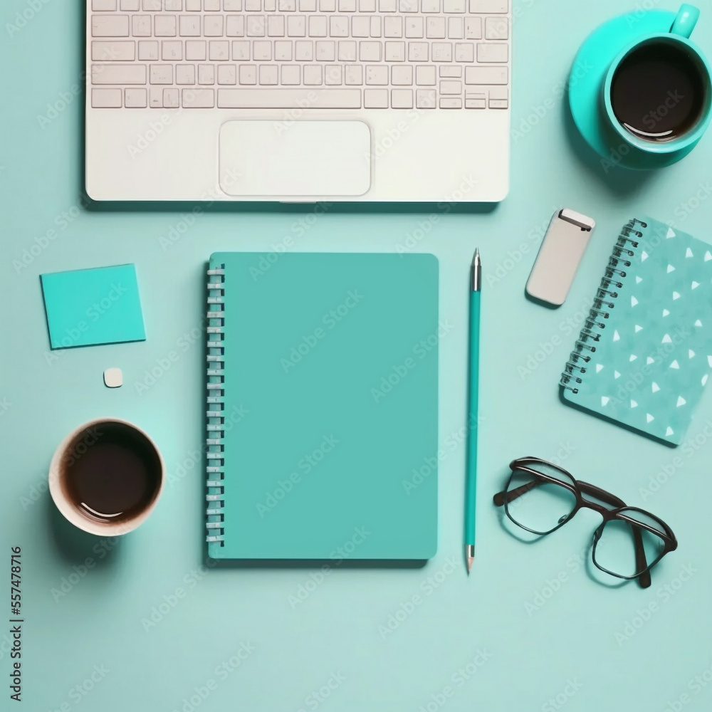 Flat lay photo of a freelancer workspace desk with copy space background. Top view. Generative AI Flat lay photo of a freelancer workspace desk with copy space background. Top view. Generative AI