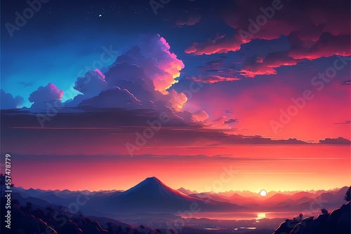 ﻿A colorful sky over a mountain range - Generative AI