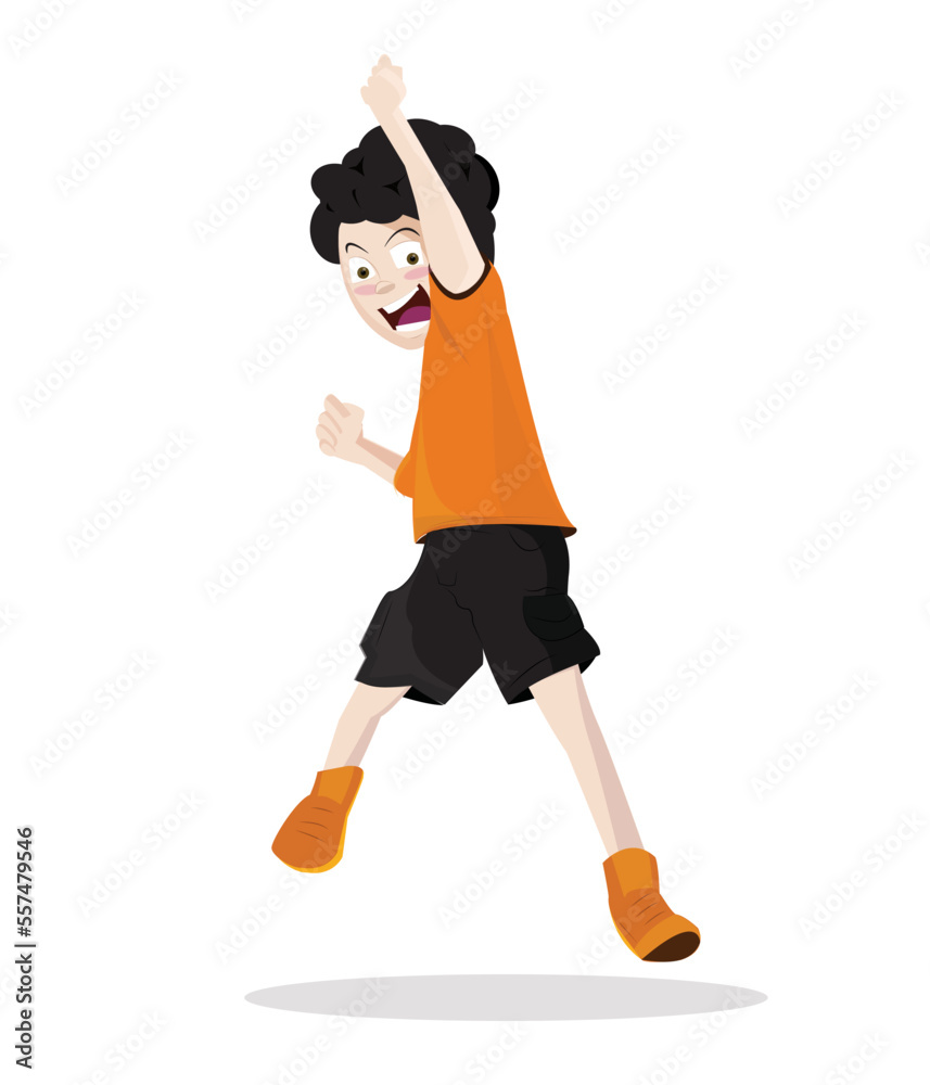 Happy Kid in Orange Shirt Jumping Vector Character  Illustration