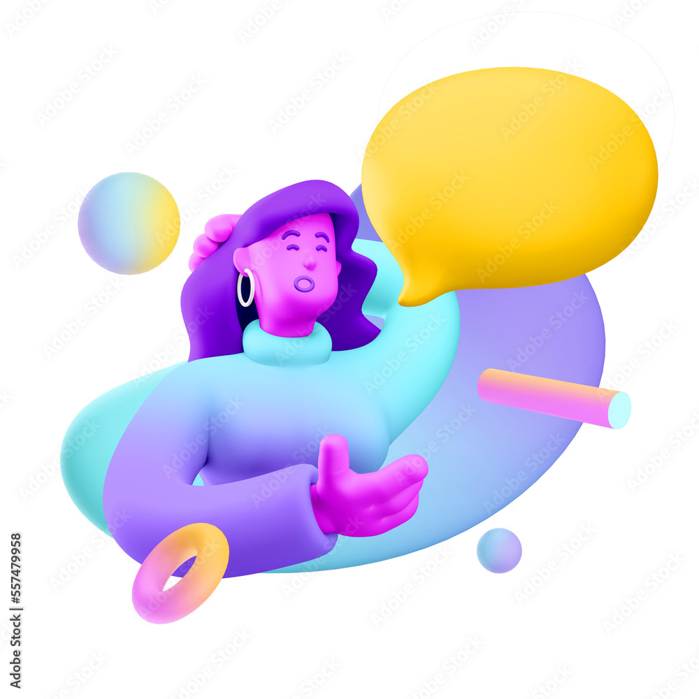 3d illustration. Cartoon girl 3d character with bubble talk. Conversation concept. 3d illustration. Cartoon girl 3d character with bubble talk. Conversation concept.