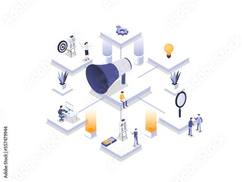 Marketing division isometric vector concept. Business people working in office and connected to a big megaphone