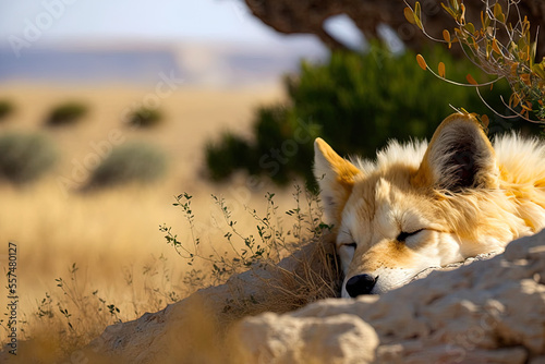 Wild dog napping in the Maltese countryside  filmed up close. Generative AI