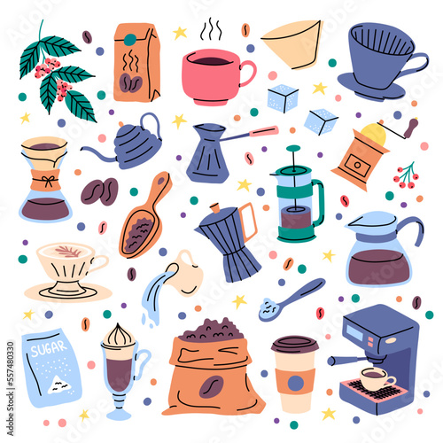 Vector coffee preparation equipment doodle set. Coffee brew tools isolated. Berries on branch, paper filter, coffee machine, sugar illustration. Kettle, spoon, paper cup and french press utensils
