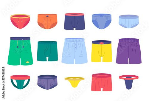 Vector man underwear types doodle set. Different man underpants. Briefs, boxers and jockstraps clothing illustration. Swimming trunks, sports underwear with buttons, laces and pockets