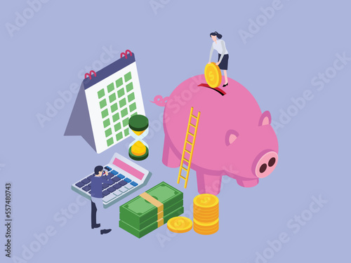 Saving money concepts. Couple saving money in the pink piggy bank with calculator, hourglass, and calendar
