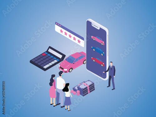 Family buying car online during online sale offer on mobile phone application. Isometric vector concept