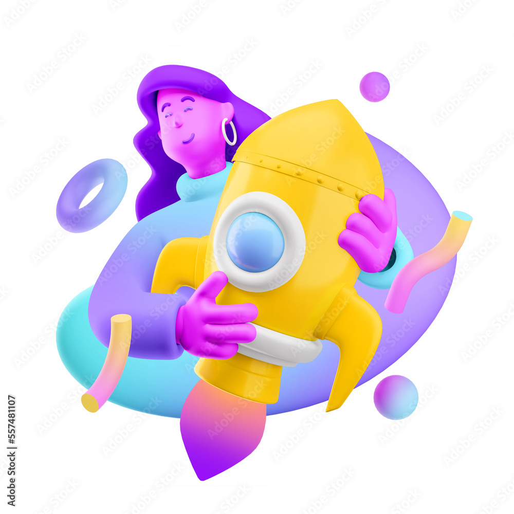 3d illustration. Cartoon girl 3d character with space rocket. Startup and innovation concept. 3d illustration. Cartoon girl 3d character with space rocket. Startup and innovation concept.