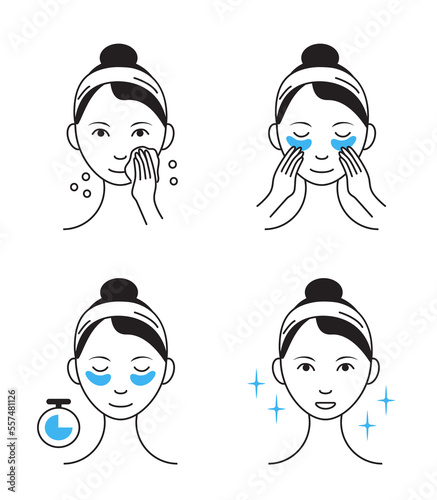 Eye patches applying icon vector. Face skincare under eye, treatment, spa procedure, lifting. Girl shows how to cleaning, use cosmetic eyes patches.