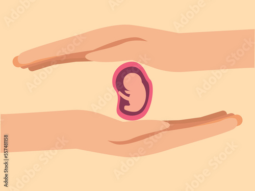 Abortion vector concept: Woman hands protecting embryo symbolizing keeping infant from abortion
