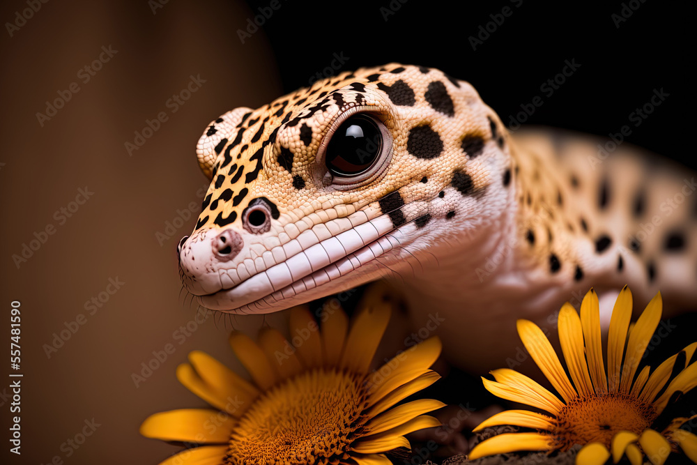 Close up of a leopard gecko close up of a leopard gecko facing a flower. Generative AI Close up of a leopard gecko close up of a leopard gecko facing a flower. Generative AI