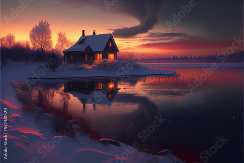 Winter in the village. Evening. A small house. © ALEXANDER