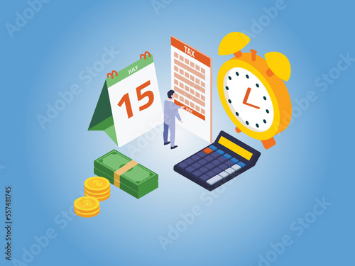 Tax Day Reminder Concept. Businessman filling online tax form with New Extended Date for IRS Federal Income Tax Returns. isometric vector concept