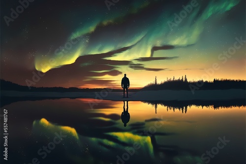 ﻿A person standing in a body of water with a colorful sky above - Generative AI