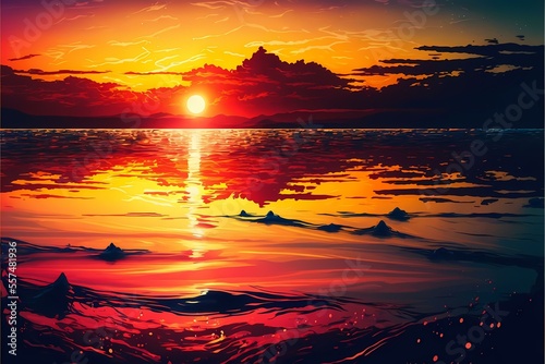 ﻿A sunset over a body of water - Generative AI