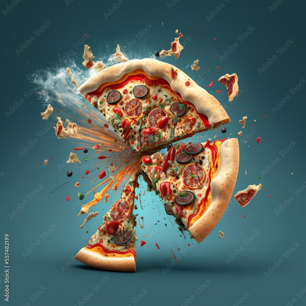 Exploding pizza. Photorealism and shading to create a busy actionshot
