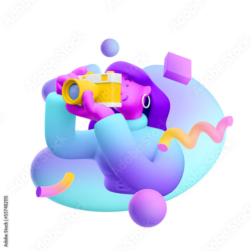 3d illustration. Cartoon girl 3d character with photo camera. 