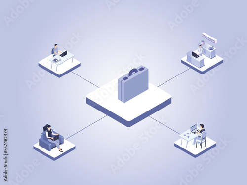People working with laptop connecting to briefcase. Freelancer work from home
