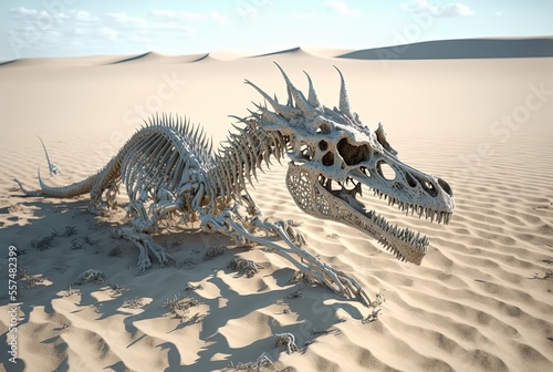 illustration of dragon or dinosaur dry skeleton in dessert landscape © QuietWord