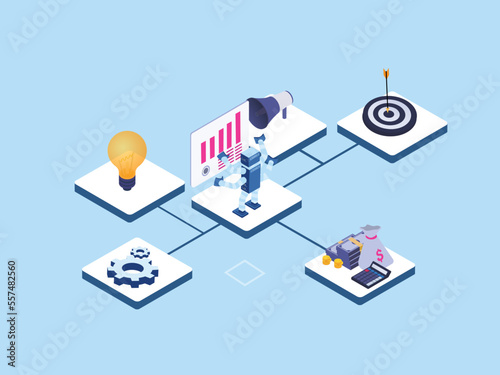 RPA Robotic process automation innovation technology concepts. Robot working with financial graph on the virtual screen connected to money, gear, lightbulb, megaphone, and dartboard.