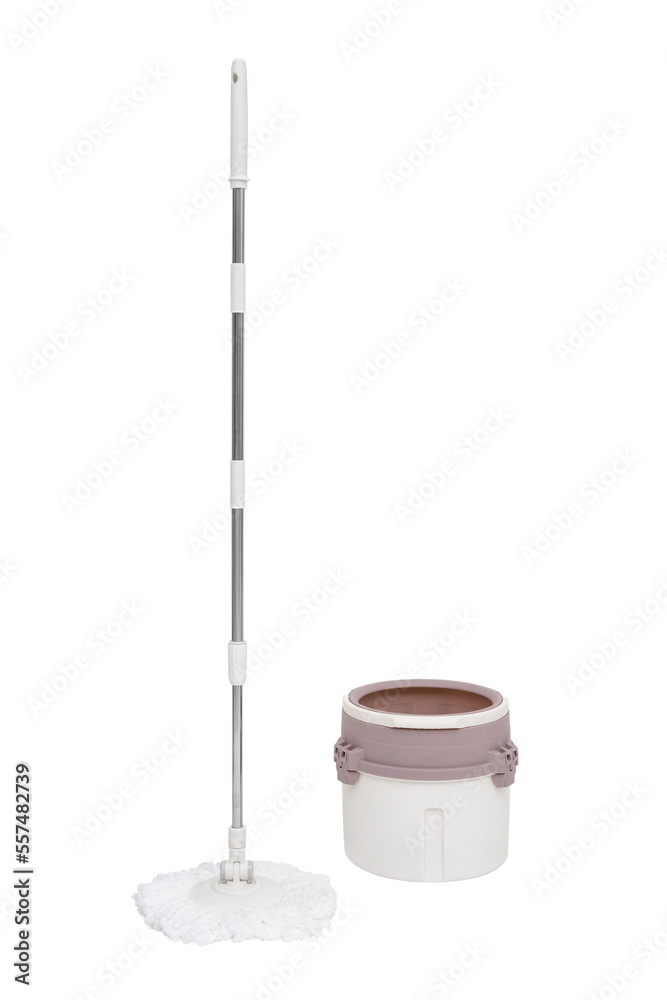 Fototapeta premium Mop and plastic bucket on white background. Cleaning service
