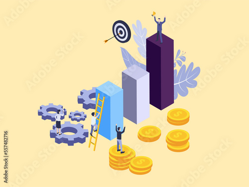 Business conceptual to success target. Businessman winning the competition and standing on the top of the financial diagram