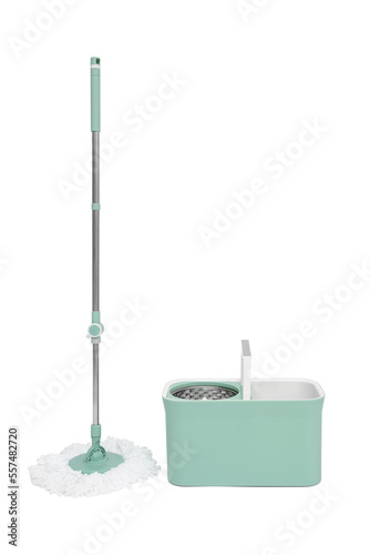 Mop and plastic bucket on white background. Cleaning service