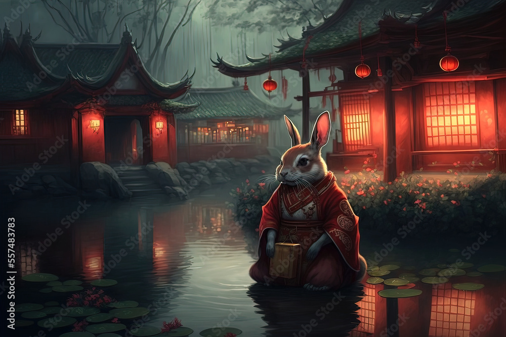 Das Jahr des Wasser Hasen Illustration, chinesisches Horoskop und Neujahrsfest, Laternenfest - obrazy, fototapety, plakaty 