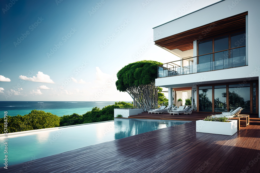 opulent seaside villa with pool and patio that overlooks the ocean. wooden deck at a resort or vacation house. of a modern vacation home's façade. Generative AI - obrazy, fototapety, plakaty 