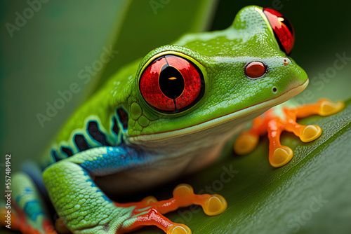 Close up of a red eyed tree frog on some leaves. A close up of a red eyed tree frog (Agalychnis callidryas) on a branch. Generative AI