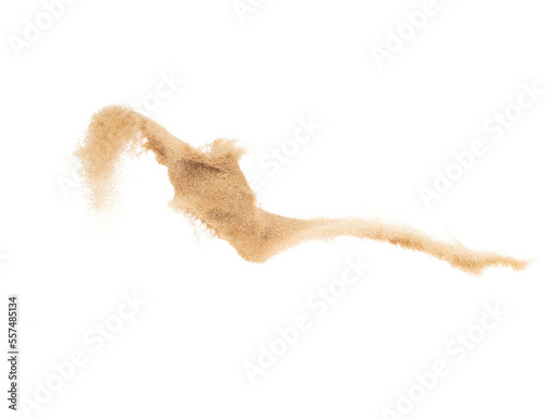 Small size fine Sand flying explosion, Golden grain wave explode. Abstract cloud fly. Yellow colored sand splash silica in Air. White background Isolated high speed shutter, throwing freeze shot © Jade
