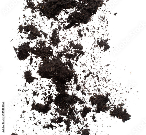 Black Fertilize Soil ready to planting, good organic soils with root for garden farming, fine detail of soil throw fly in air with dust dirty. High speed freeze shot over White background Isolated.