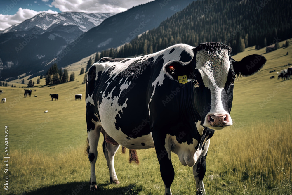 Daytime grassland grazing by a black and white cow. Generative AI Daytime grassland grazing by a black and white cow. Generative AI