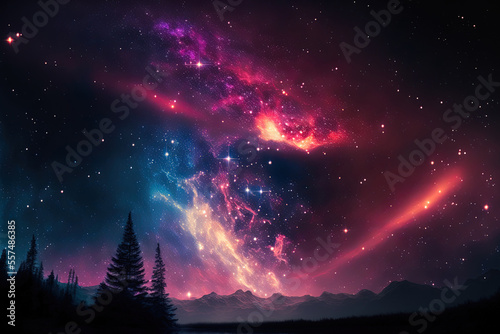 the northern lights Night star fall, violet starry reflection, planet flares, and nebulas in the universe. Generative AI